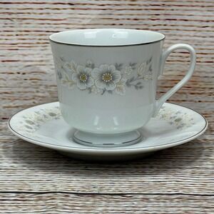 Carlton Japan Andover‎ 482 Fine China Teacup and Saucer Set Gray Floral Silver
